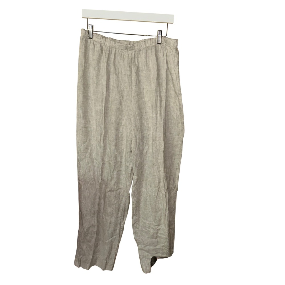 Bryn Walker Linen Pants Beige Oatmeal Elastic Waist Straight Leg Made in USA L